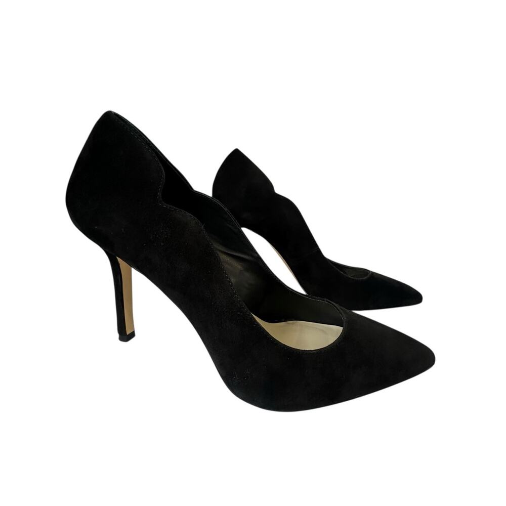 Saks Fifth Avenue Bolton Classic Pumps 9 M Black Suede Point Toe Scalloped Heels
